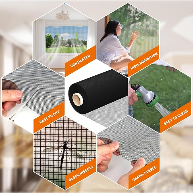MAGZO Window Screen Replacement Mesh Roll, 37.4in × 16.4ft Upgraded 0.17mm WD High-Visibility Screen 20x20 Mesh for Porch Doors Repair Kit, Well-Ventilated Heavy Duty Woven for Garden, Patio