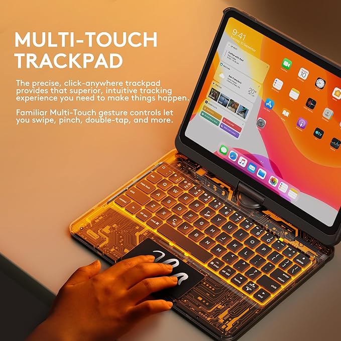 GUSGU for iPad Air 11 Inch (M3/M2,2025/2024) Transperant Case with Wireless Keyboard, 7 Color Backlight, Trackpad, 360°Rotating Stand for 10.9" iPad Air 5th/4th, 11" iPad Pro 4/3/2/1 Case, Cyberpunk