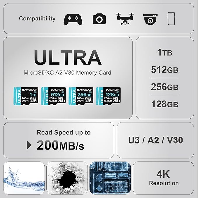 TEAMGROUP A2 Ultra Card 512GB Micro SDXC UHS-I U3 A2 V30, R/W up to 200/170 MB/s with Adapter TULMSDX512GIA2V3022503