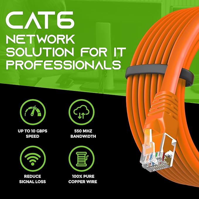 GEARit Cat 6 Ethernet Cable (100-Pack 1 Foot) Cat6 Network Patch, 10Gbps, RJ45, Snagless Cord, Gold-Plated Connectors, Internet for PC, TV, Tablet, Router, Printer, Servers, IT Data Center - Orange