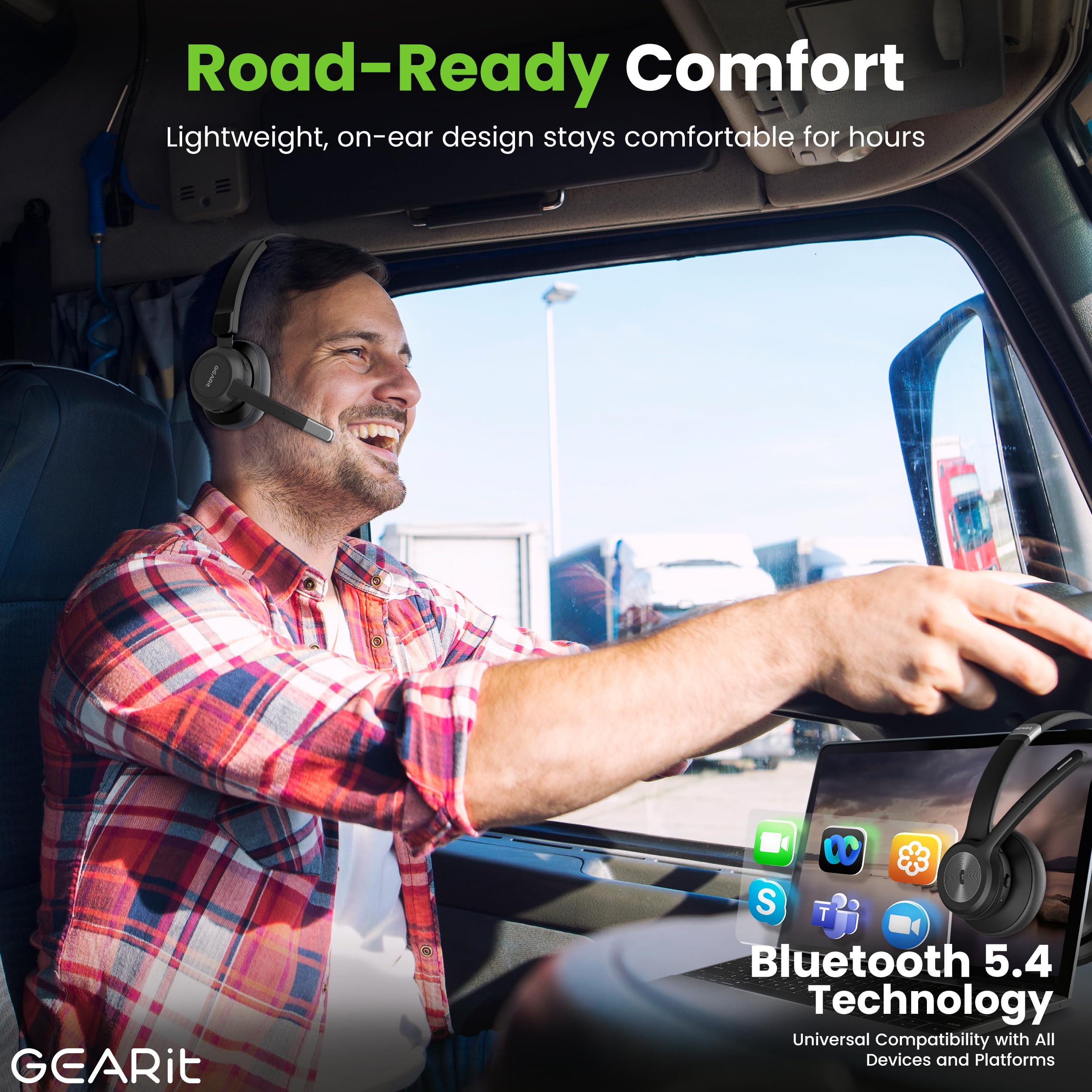 GEARit Wireless Bluetooth Headset with Mic - 35 Hrs Talk Time - for Trucker, w/Noise Cancelling Microphone & Mute Button - Easy to Set Up Wireless for Work, Phone Calls, Homes, Offices