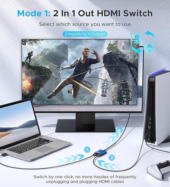 4K@60Hz HDMI Splitter Switch 2 in 1 Out, WARRKY [3.3ft Fixed Braided HDMI Cable, Aluminum Case, HDCP 2.2] Bidirectional 2x1 Switcher UHD Compatible for PS5/4, Nintendo Switch, Roku, FireStick – Blue