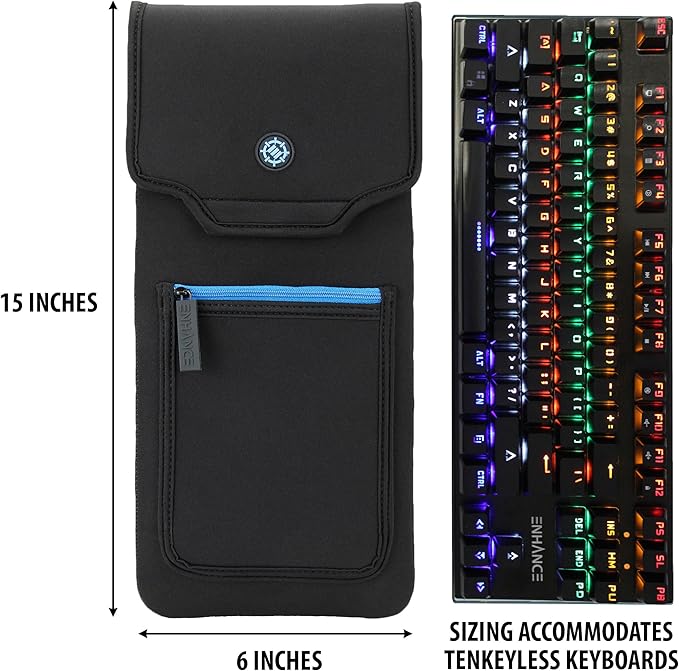 ENHANCE Keyboard Sleeve Travel Case for TKL Tenkeyless Compact Tournament eSports Gaming Keyboards (up to 15 Inches) - Rugged Neoprene Construction , Zipper Mouse Storage and Cable Storage Pouch