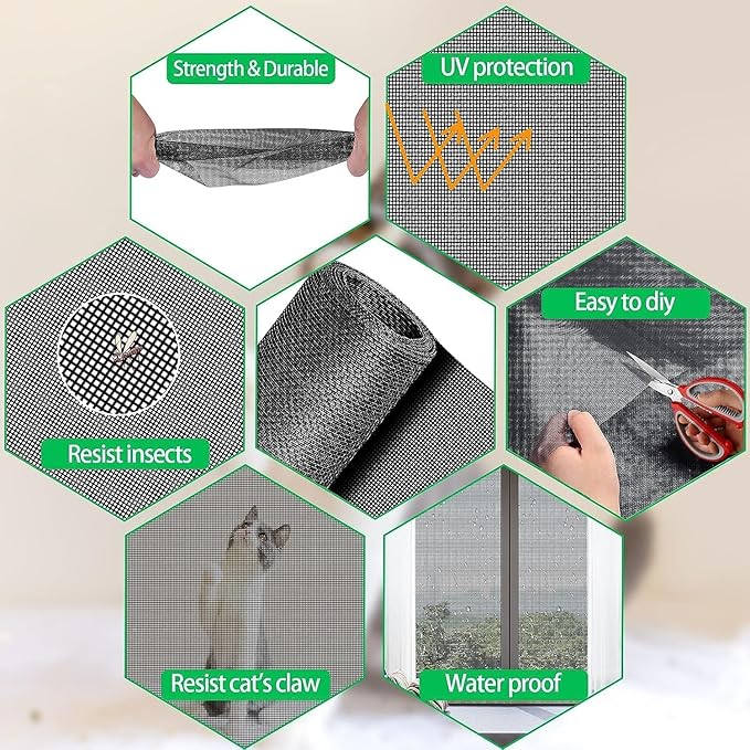 QWR Pet Proof Window Screen and Screen Door Replacement, 48"x 360" Upgraded Durable Thickened Vinyl Coated Wire-Like Mesh for Sliding Screen Door,Patio,Windows(Rolled Package)