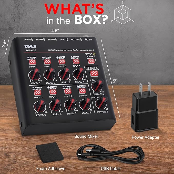 Pyle 8-Channel Wireless BT Streaming Mini Line Mixer with USB Audio Interface - 8 Mono/Stereo Switching Inputs | Ultra-low Noise Design with High Headroom | Built-in USB Sound Card - PMAX8