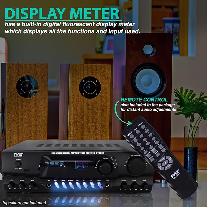 Pyle 200W Home Audio Power Amplifier - Stereo Receiver w/AM FM Tuner, 2 Microphone Input w/Echo for Karaoke, Great Addition to Your Home Entertainment Speaker System - PT260A.5