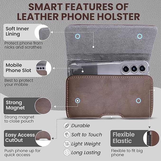 Leather Phone Holster for Men & Women, Horizontal Cell Phone Case, Fits iPhone 13/12 Mini, SE, Xs/X, 8, 6s - Belt Clip/Loop Carrying Phone Pouch Holder, Brown Small