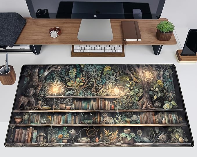 Forest Library Book Mouse Pad Desk Mat, Mystical Green Tree House XXL Extended Large Gaming Desk Pad Mousepad Computer Laptop Keyboard and Mouse Mat, Office Desk Decor Pad for Women 31.5x15.7 in