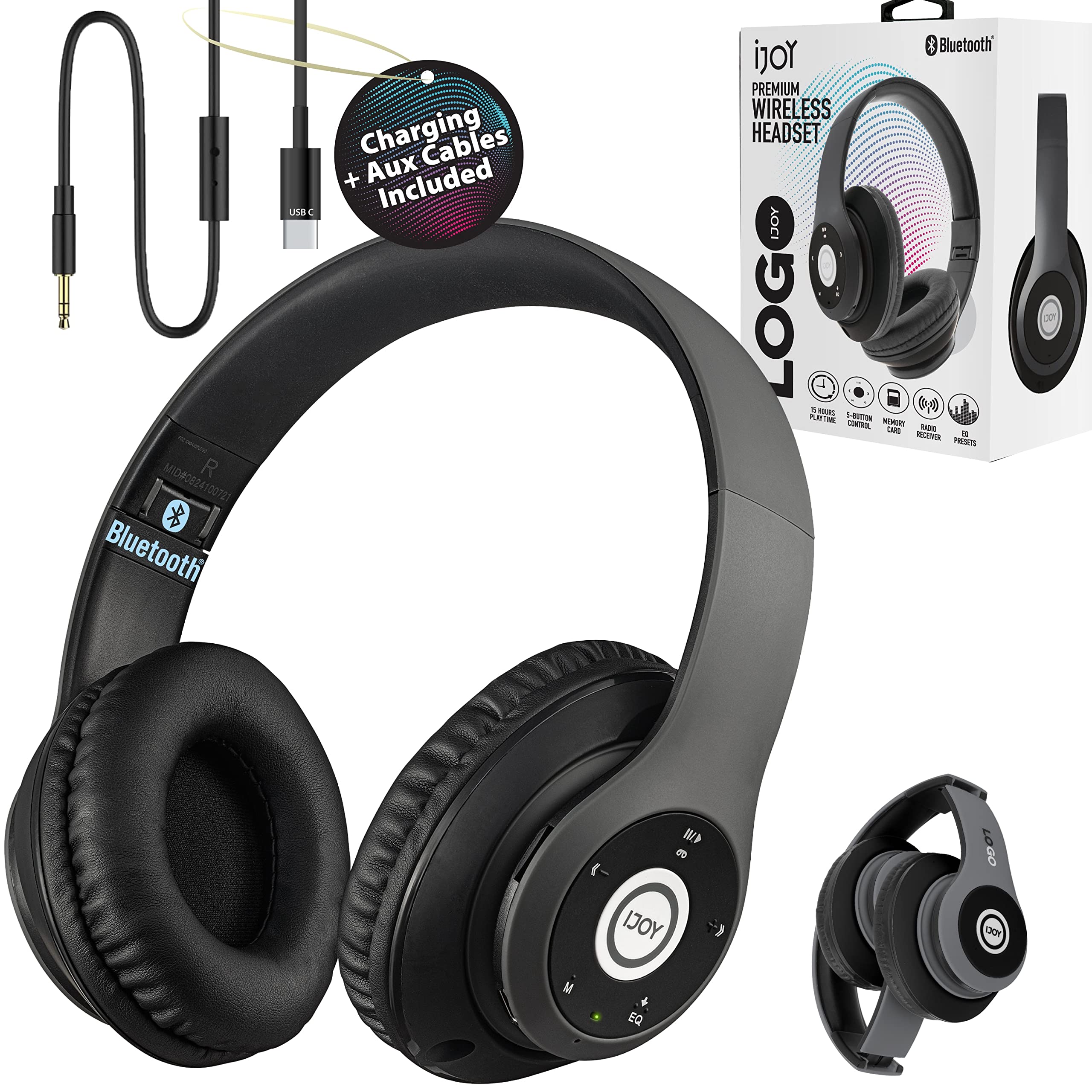 iJoy Bluetooth Headphones Over Ear, Wireless and Wired Foldable Headset Built-in Microphone - (Stealth) Adults Kids Men Women - Audifonos Auriculares Inalambricos