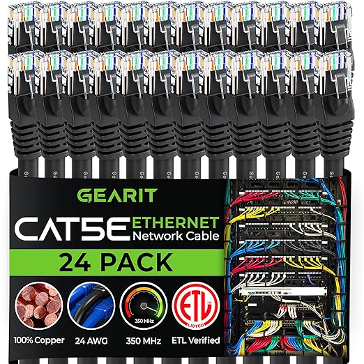 GEARIT 24-Pack, Cat5e Ethernet Patch Cable 3 Feet - Snagless RJ45 Computer LAN Network Cord, Black