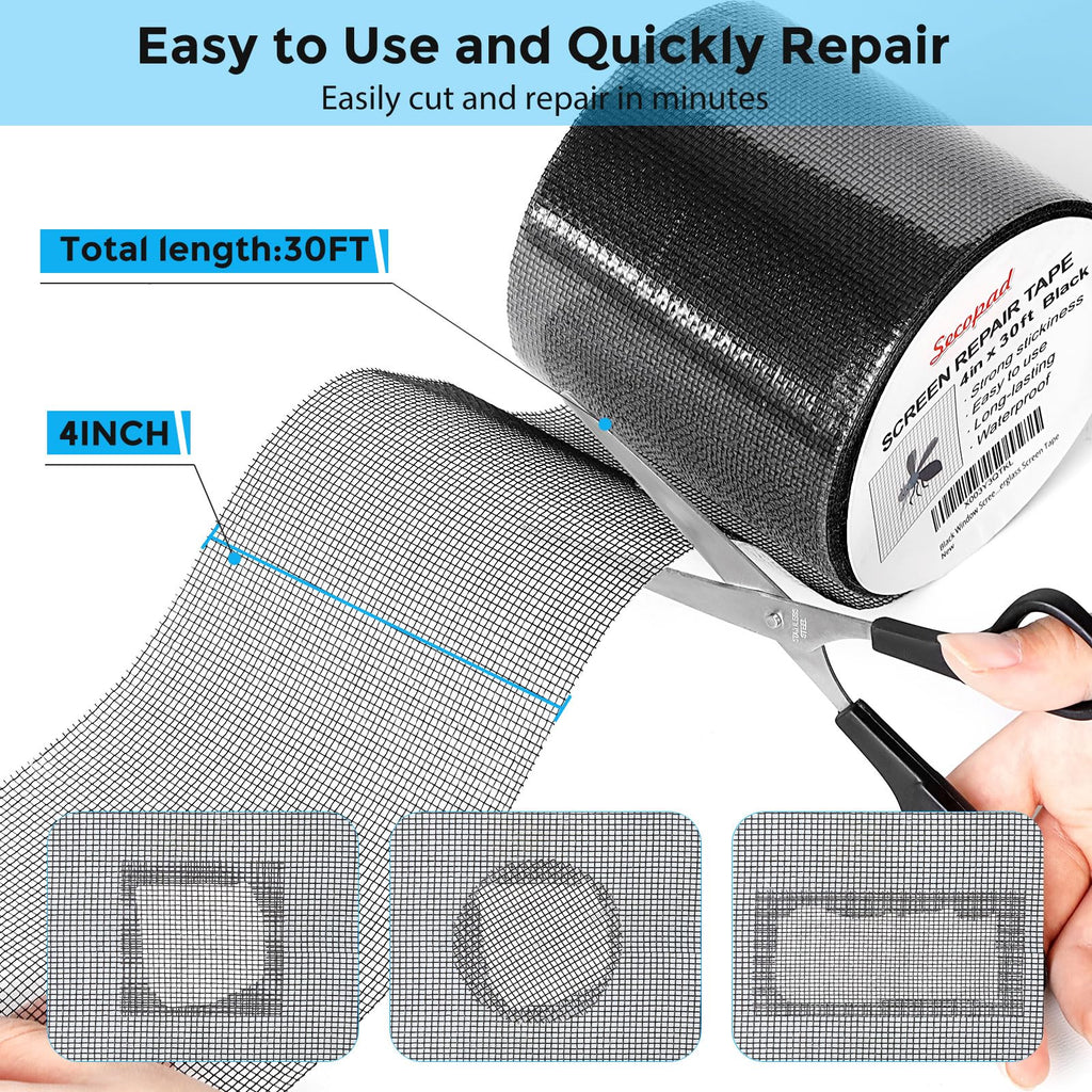 Secopad Black Window Screen Repair Kit, 4 in X 30 FT (360IN) Screen Repair Tape for Windows or Doors, Strong Adhesive Fiberglass Mesh Patch Tape