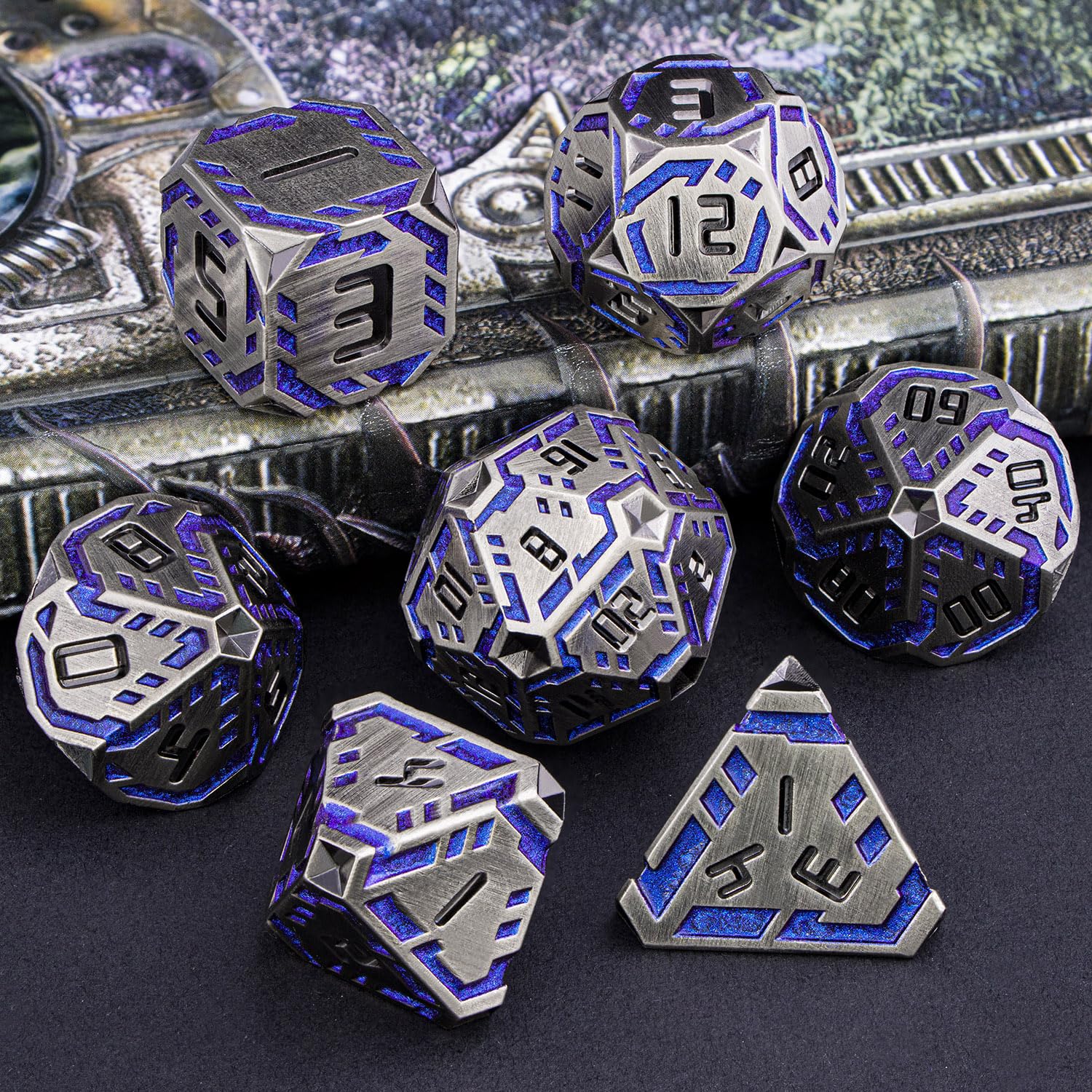 OGCOPHEN Metal DND Sci-fi Dice Set 7PCS Stripe Polyhedral Dice for Dungeons Dragons RPG Role Playing Game, Glitter D and D Dice with Gift Box D6 D8 D10 D12 D20 (Blue Purple&Grey)