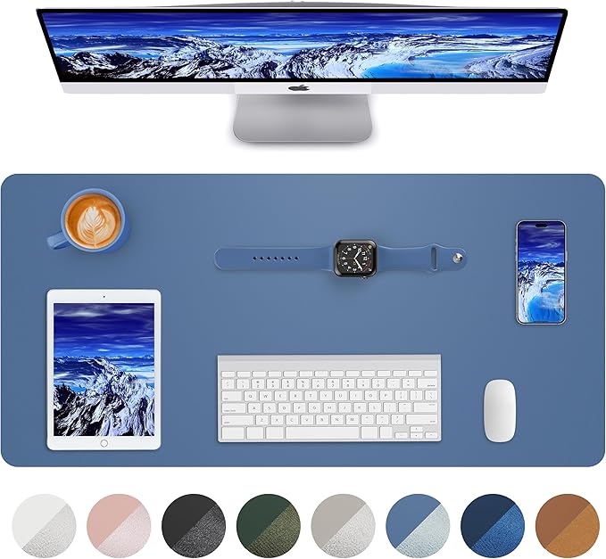 Leather Desk Pad Blotter,Mouse Pad,Office Desk Mat, Non-Slip PU Leather Desk mat,Large Desk mat,Waterproof Keyboard mat for Office/Home/Decor (Grey Blue,31.5" x 15.7")
