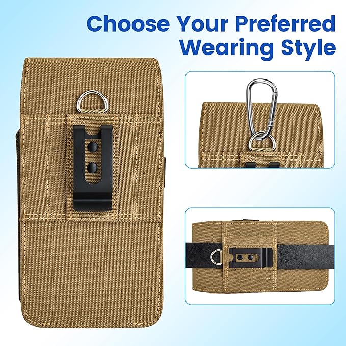 BECPLT for iPhone 17 Pro Max Air 16/15/14/13/12/11 Pro Max Nylon Cell Phone Pouch Holster Case with Belt Clip Cover Holder for Galaxy S25+ S24+ S23+ S22+ S21+ (Khaki)