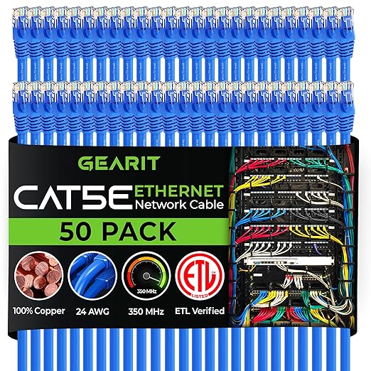GearIT 50-Pack, Cat5e Ethernet Patch Cable 1.5 Feet - Snagless RJ45 Computer LAN Network Cord, Blue - Compatible with 48 Port Switch POE Rackmount 48port Gigabit
