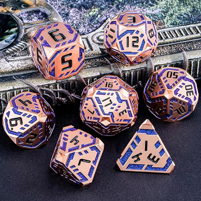 Metal DND Sci-fi Dice Set 7PCS Stripe Polyhedral Dice for Dungeons Dragons RPG Role Playing Game, Glitter D and D Dice with Gift Box D6 D8 D10 D12 D20 (Copper Blue)
