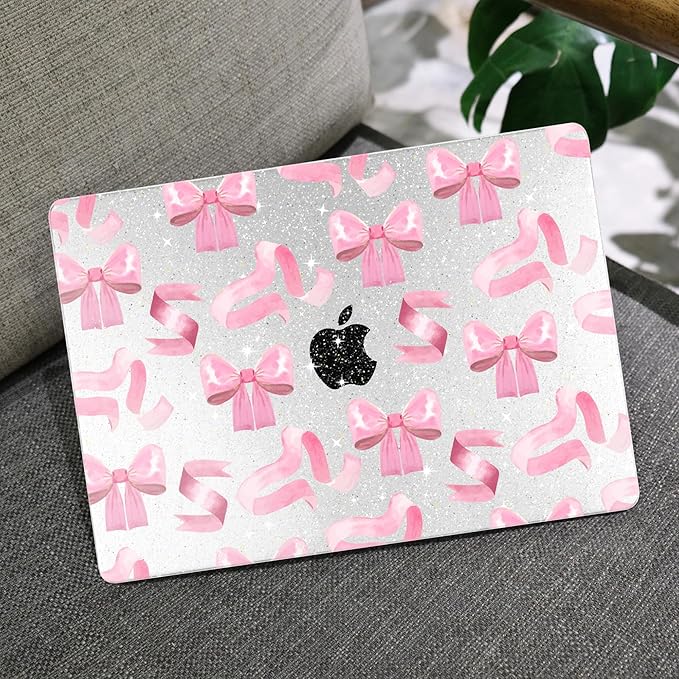 MEEgoodo for MacBook Air 13.3 inch Case 2021 2020 2019 2018 A2337 M1 A2179 A1932, Laptop Shell for MacBook Air M1 with Keyboard Webcam Cover & Trackpad Film & Type C Adapter,Pink Satin Bow