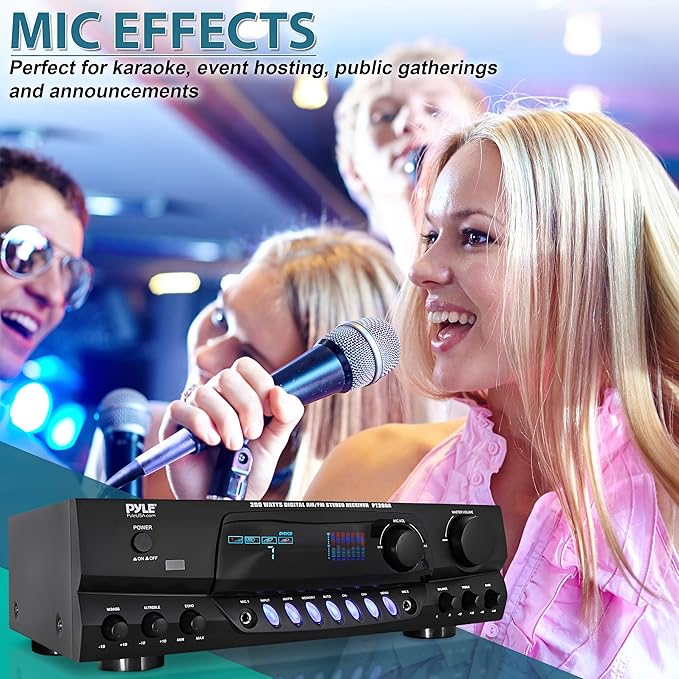 Pyle 200W Home Audio Power Amplifier - Stereo Receiver w/AM FM Tuner, 2 Microphone Input w/Echo for Karaoke, Great Addition to Your Home Entertainment Speaker System - PT260A.5