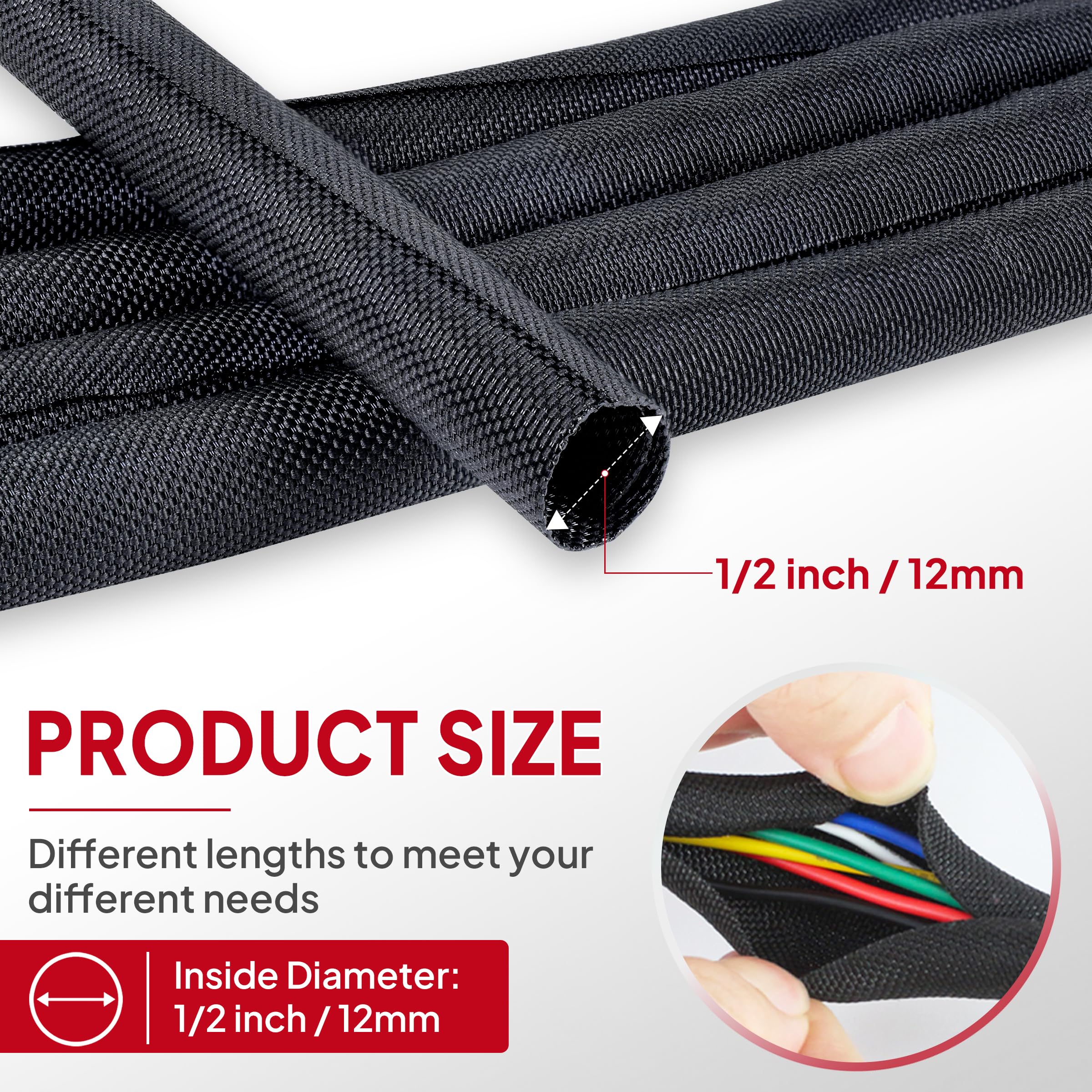 BuyUneed Black Split Braided Cable Management Sleeves 1/2inch -30Feet