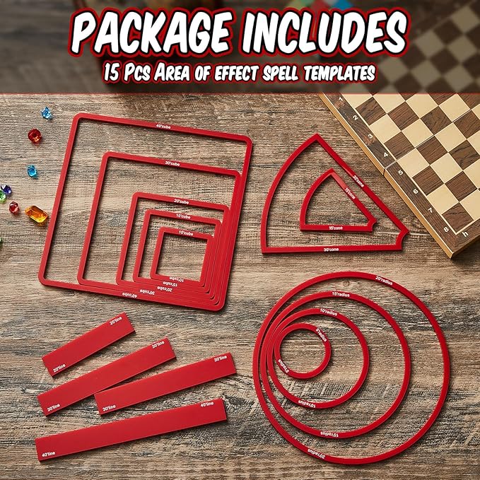 Sintuff 15 Pcs Spell AOE Damage Template Translucent Acrylic Area of Effect Spell Set Include 5 Cube 4 Circle 2 Cone 4 Line Templates for Gifts Tabletop RPG Gaming Accessories(Red)