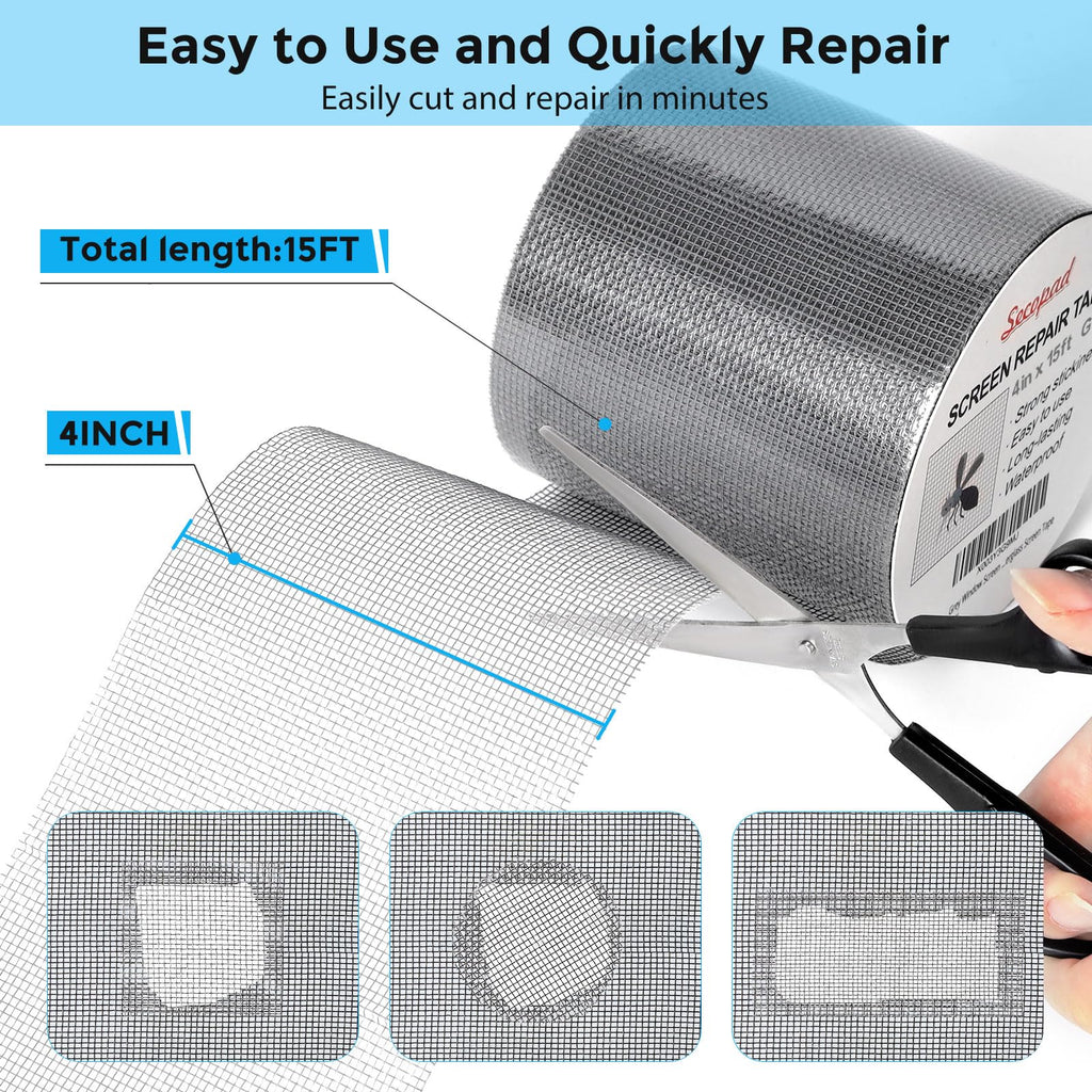Secopad Grey Window Screen Repair Tape, 4 in X 15 FT (180IN) Screen Repair Kit for Windows or Doors, Strong Adhesive Fiberglass Mesh Patch Tape