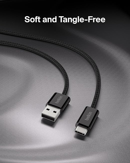 Belkin USB A to USB C Cable 2-Pack, 3.3ft, 15W - Type C Charger, iPhone Charger Cord, Soft, Braided, Flexible for iPhone 16 & 15, Galaxy S25, Pixel 9, iPad Pro, Airpods Pro, Switch & More - Black