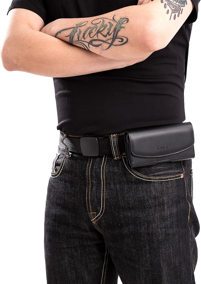 PiTau Holster for iPhone Pro Max & Plus 16, 15, 14, 13, 12, 11, 8, 7, 6, 6s, Xs Max, Cell Phone Case with Belt Clip ID Card Holder for Samsung Galaxy S25+ Note 10+, Fits with Otterbox, Black Large