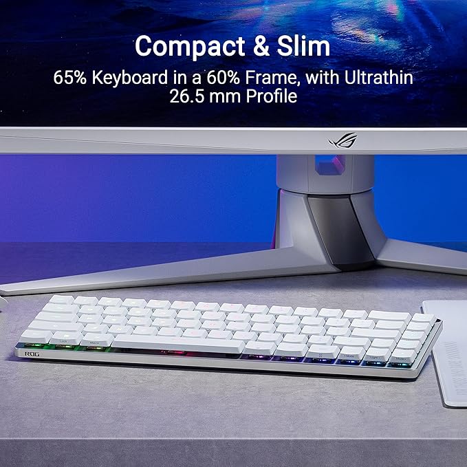 ASUS ROG Falchion RX Low Profile 65% Wireless Gaming Keyboard with ROG RX Red Low-Profile switches, tri-Mode Connection with ROG SpeedNova, Silicone dampening Foam, Touch Panel, and MacOS Support.