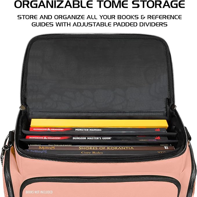 ENHANCE Collector's Edition RPG Adventurer's DnD Bag - Dragon Hide Exterior Travel RPG Bag with Tabletop Miniatures Storage Vault, Mat Holder, DnD Dice & Token Pockets, Fits 4-8 Books (Dragon Pink)