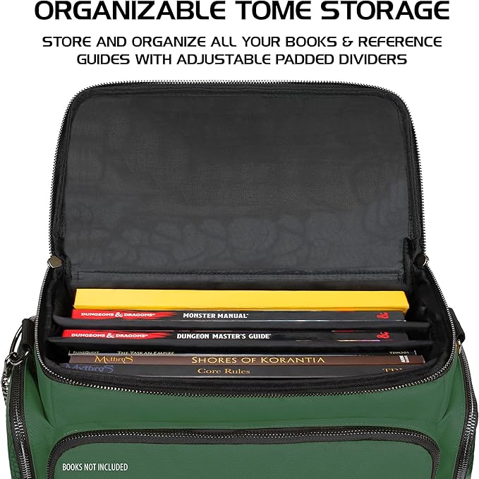 ENHANCE Collector's Edition RPG Adventurer's DnD Bag - Dragon Hide Exterior Travel RPG Bag with Tabletop Miniatures Storage Vault, Mat Holder, DnD Dice & Token Pockets, Fits 4-8 Books (Dragon Green)