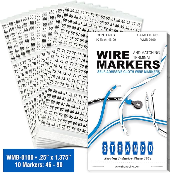 Premium Wire Marker Book for Cable Management, Vinyl-Coated, High-Tack Adhesive, Electric Panel Wire Label Stickers - 10 Pages, 1 Book, Numbered 46-90 (Pack of 1)