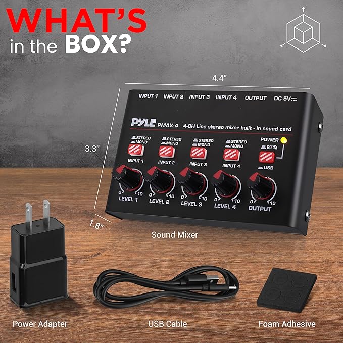 Pyle 4-Channel Wireless Bluetooth 5.0 Line Mixer - USB Audio Interface - 4 Mono/Stereo Inputs - Ultra-Low Noise - High Headroom - Built-in USB-C Sound Card - Compact Metal Chassis - PMAX4