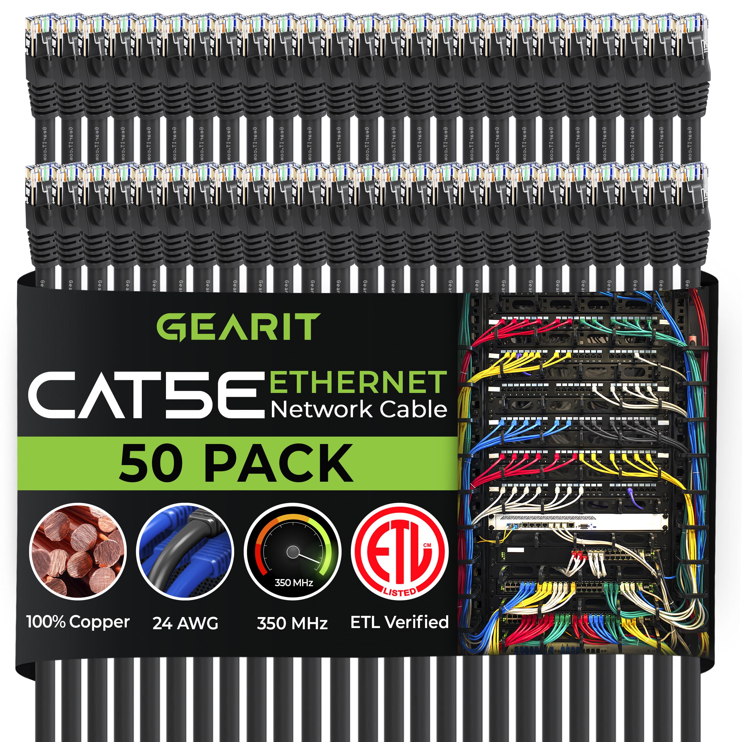 GearIt 50-Pack, Cat5e Ethernet Patch Cable 1 Foot - Snagless RJ45 Computer LAN Network Cord, Black