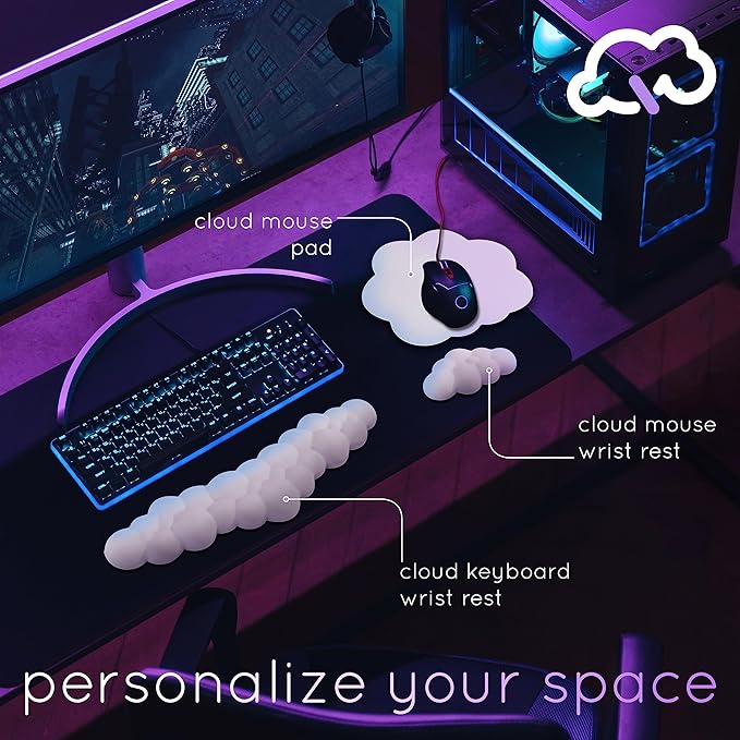 Qloud Cloud Wrist Rest Keyboard Wrist Rest for Computer Keyboard Pad, Cloud Keyboard Wrist Rest, Wrist Pad for Keyboard, Memory Foam, Non Slip Base, Comes with Mouse Pad - Matte Black