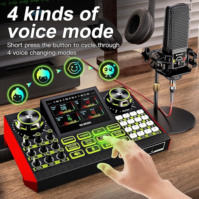 Podcast equipment bundle with live sound card audio mixer, podcast equipment with 3.5mm microphone, soundboard for phone, computer, live streaming, singing, recording, and content creation.