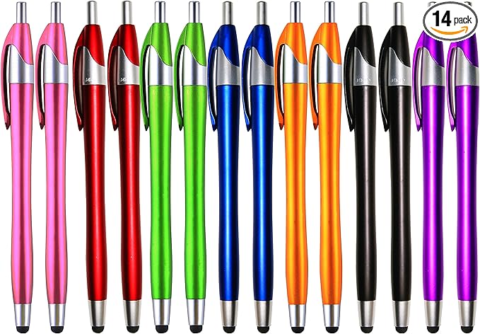 Skoloo Electronic Screen Touch Stylus,14 Pack 2 in 1 Slim Long Click Ink Stylus Ballpoint Pen For Universal Android Touch Screen Tablet Smartphone, Google Nexus, Samsung Galaxy, HTC, Multi-colored