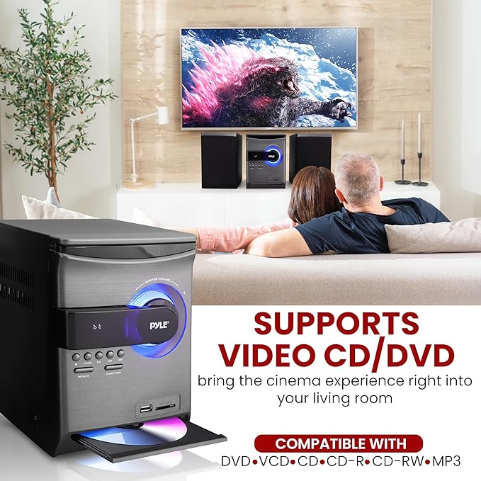 Pyle Home Stereo Shelf System - 30W Wireless BT Streaming with CD Player, FM Radio, USB & SD Card Playback, 2-Way Music Crisp-Sound, Remote Control, Dual Stereo Speakers (Black), PHSKR24