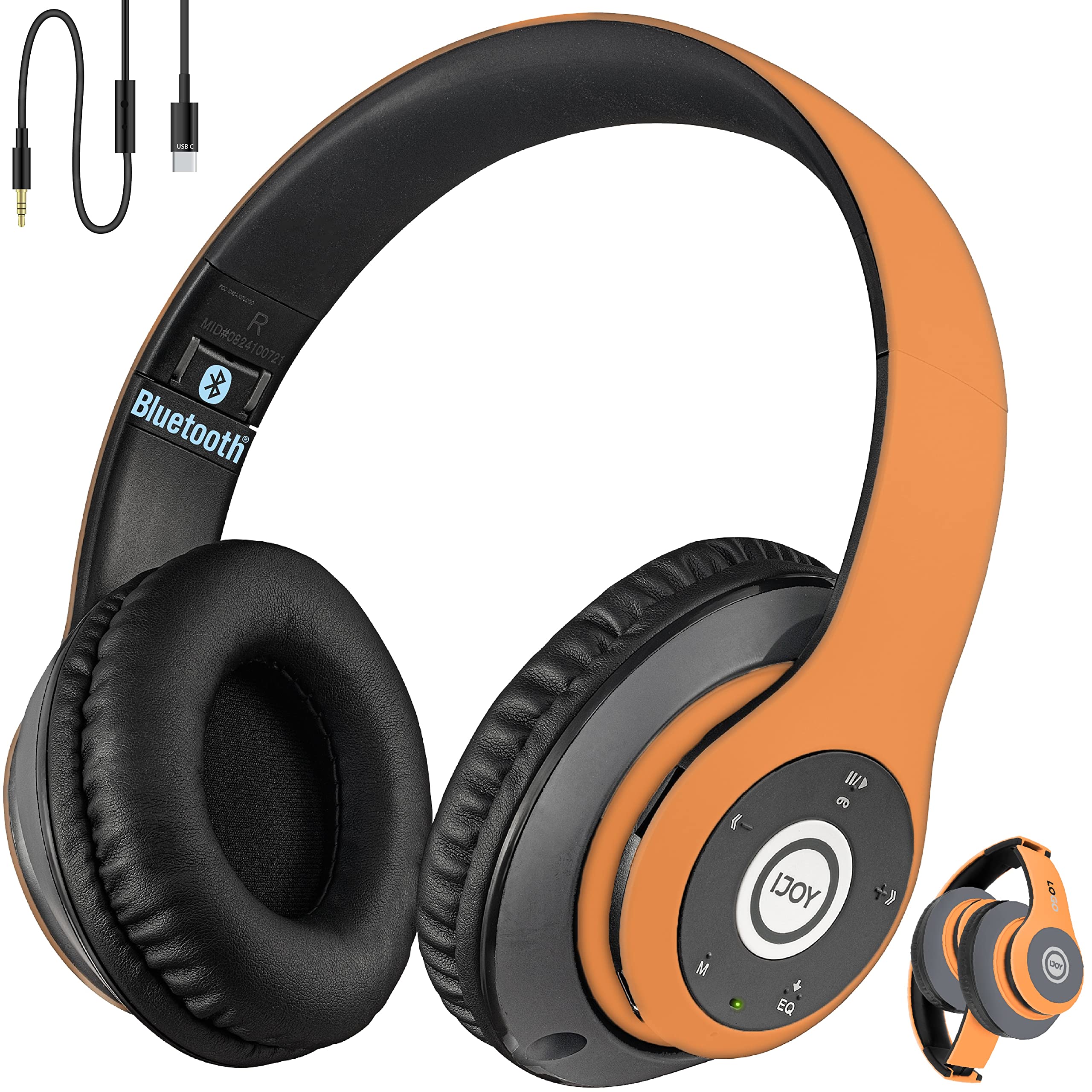 iJoy Bluetooth Headphones Over Ear, Wireless and Wired Foldable Headset Built-in Microphone, FM, Micro SD Card Slot - (Orange) Adults Kids Men Women