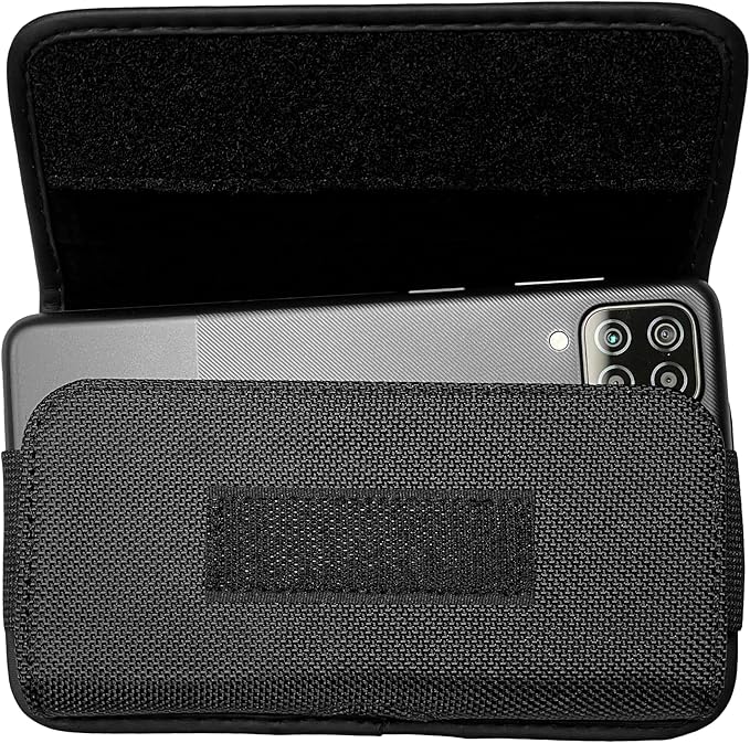 Nylon Cell Phone Holster for Samsung Galaxy A01 A10e S10 S9 S22 5G, LG K30 Phoenix 5 Aristo 5, Orbic Maui+, TCL Signa - Horizontal Case Canvas Waist Carrying Pouch with Belt Clip/Loops, Black