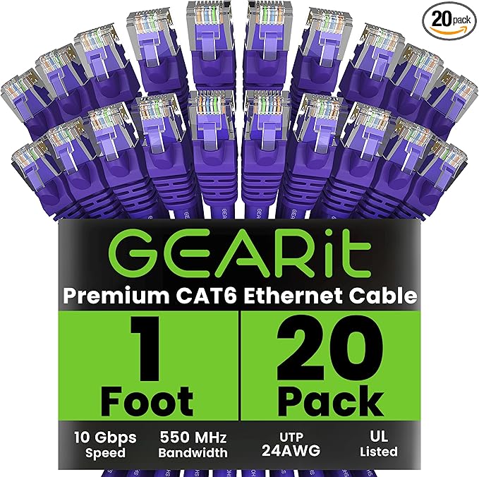 GearIT Cat 6 Ethernet Cable (20-Pack 1 Foot) Cat6 Network Patch, 10Gbps, RJ45, Snagless Cord, Gold-Plated Connectors, Internet for PC, TV, Tablet, Router, Printer, Servers, IT Data Center - Purple