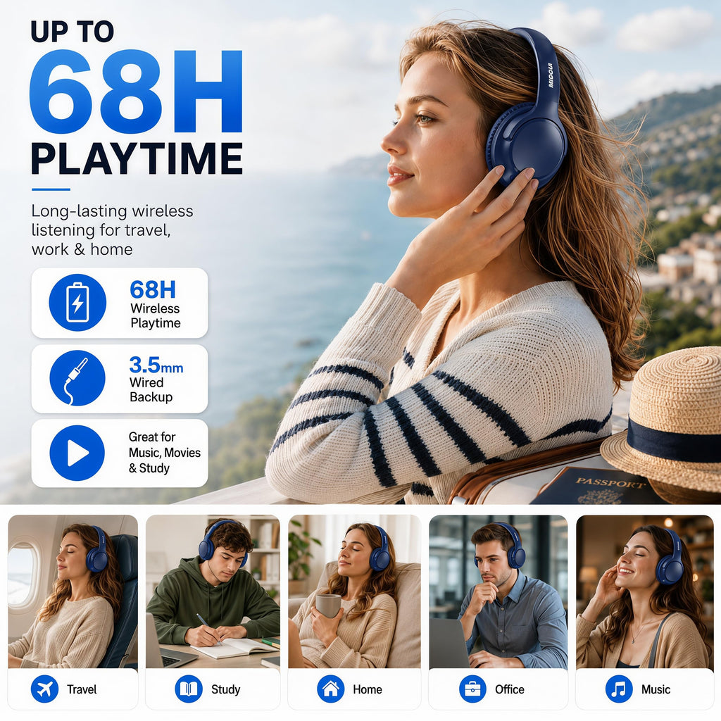 MIDOLA Bluetooth Headphones Over Ear, 68H Playtime Wireless Headphones with Microphone, 6 EQ Modes, HiFi Stereo Deep Bass, Foldable Lightweight Headset for Home Office, Cellphone, PC, Blue