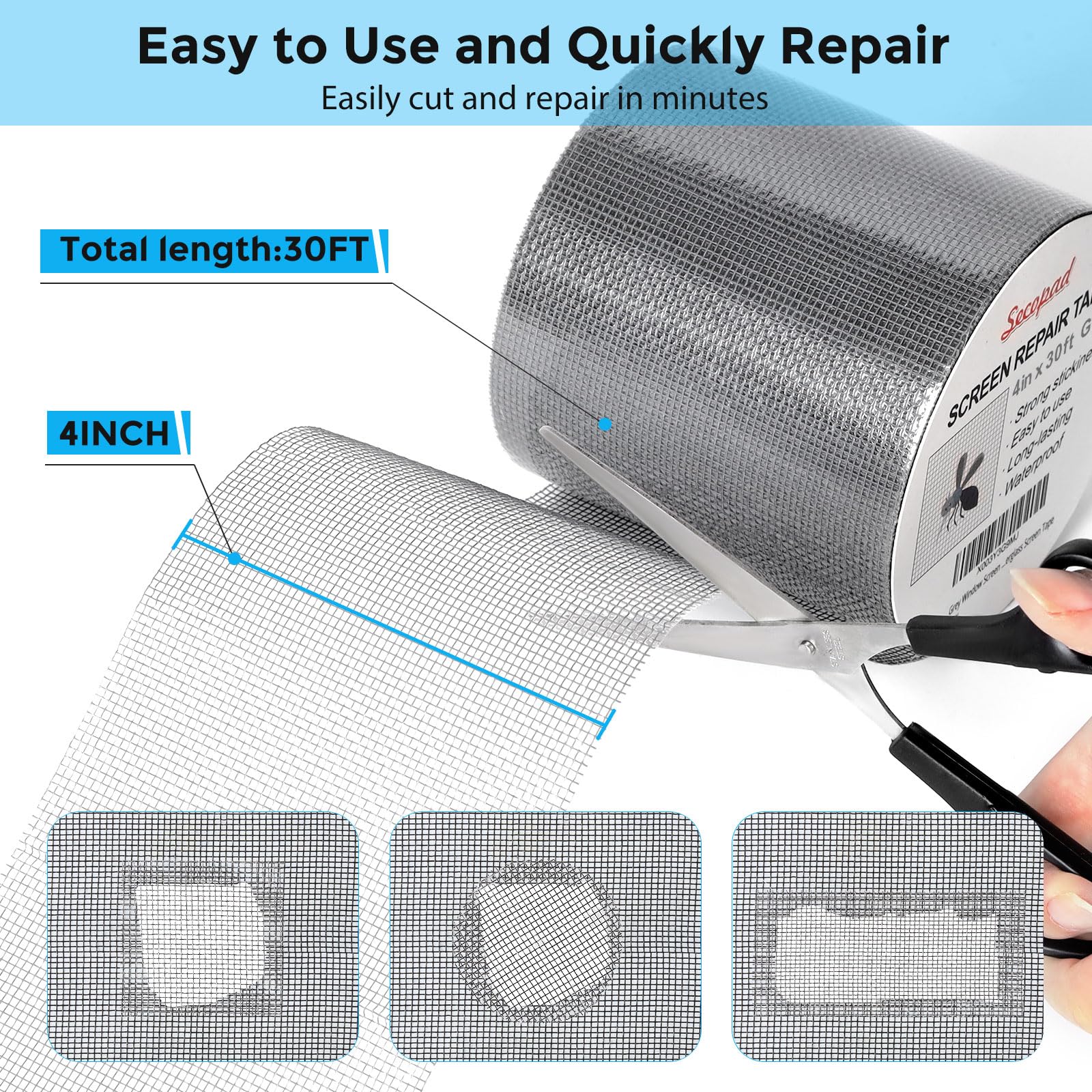 Secopad Grey Window Screen Repair Kit, 4 in X 30 FT (360IN) Screen Repair Tape for Windows or Doors, Strong Adhesive Fiberglass Mesh Patch Tape
