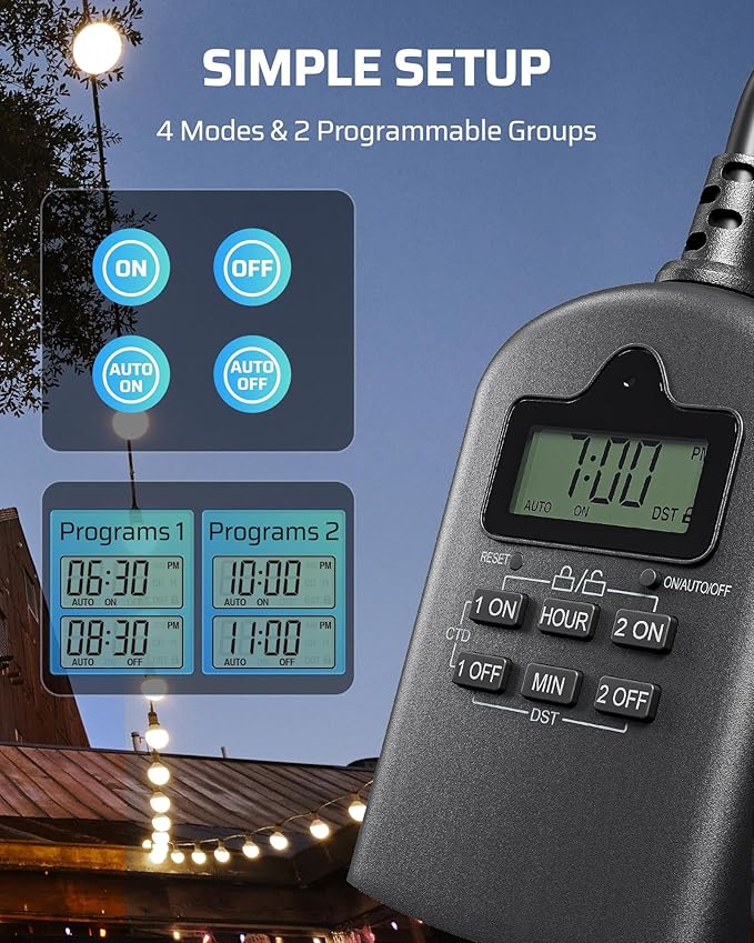 DEWENWILS Outdoor Timer Outlet Waterproof, Outdoor Digital Timer for Lights, Programmable with 2 Grounded Outlets, for Home and Garden, Halloween, 15A, 1/2HP, Heavy Duty, ETL Listed