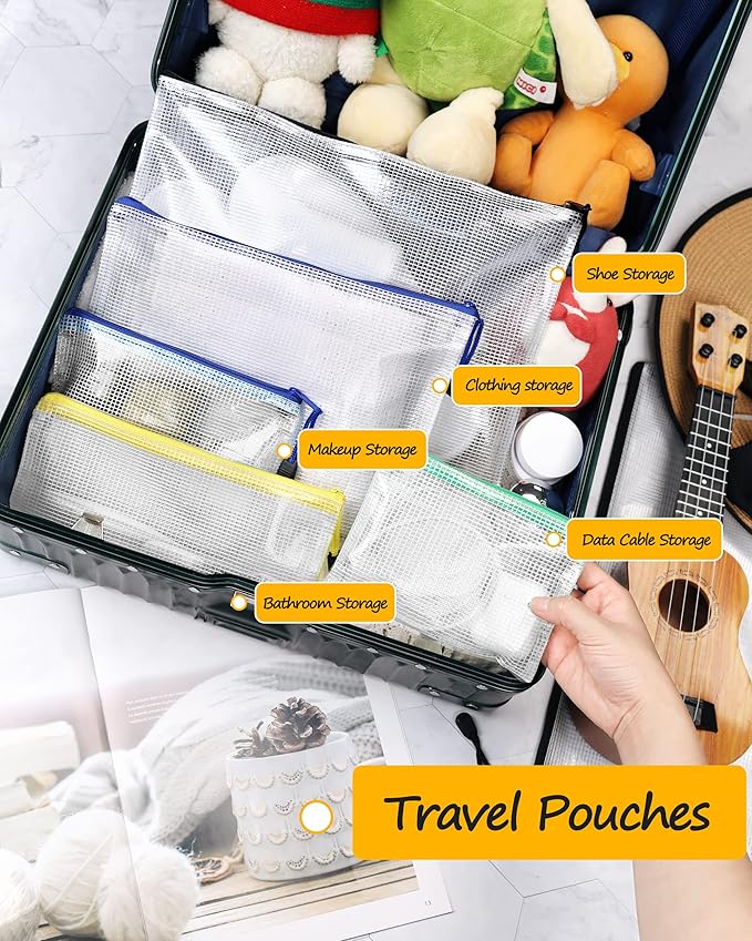 SUNEE Plastic Mesh Zipper Pouch 7x11 in (9 Colors, 18 Packs),Extra Large Water-Resistant Zip Bag for School Office Supplies, Puzzles & Games Organizing Storage