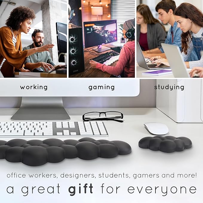 Qloud Cloud Wrist Rest Keyboard Wrist Rest for Computer Keyboard Pad, Cloud Keyboard Wrist Rest, Wrist Pad for Keyboard, Memory Foam, Non Slip Base, Comes with Mouse Pad - Matte Black