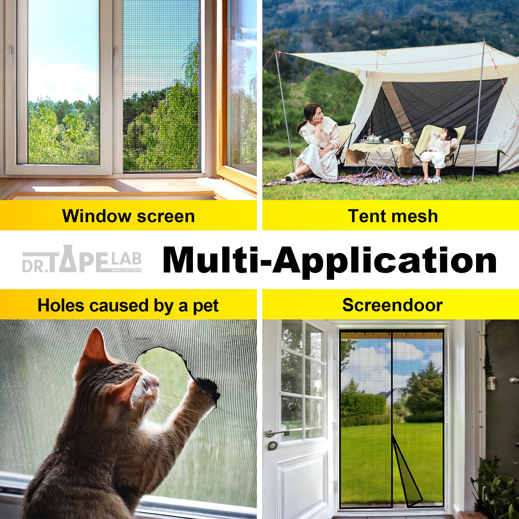 DR.TAPELAB, Grey Window Screen Repair Tape, 2 in X 15 FT, Screen Repair Kit for Windows or Doors, Strong Adhesive Patch Kit Fiberglass Mesh Tape