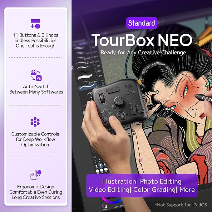 TourBox NEO - Custom Controller for Photo Video Editing, Color Grading, Ilustration, MacOS/Windows, Photoshop Lightroom Davinci Resolve After Effects Premiere FCPX Programmable Keyboard Bundle