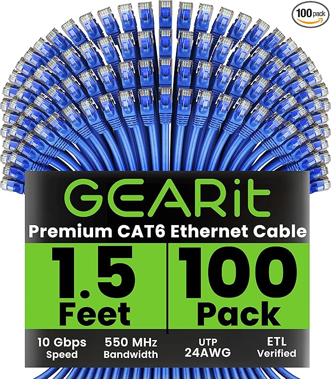 GEARit Cat 6 Ethernet Cable (100-Pack 1.5 Feet) Cat6 Network Patch, 10Gbps, RJ45, Snagless Cord, Gold-Plated Connectors, Internet for PC, TV, Tablet, Router, Printer, Servers, IT Data Center - Blue