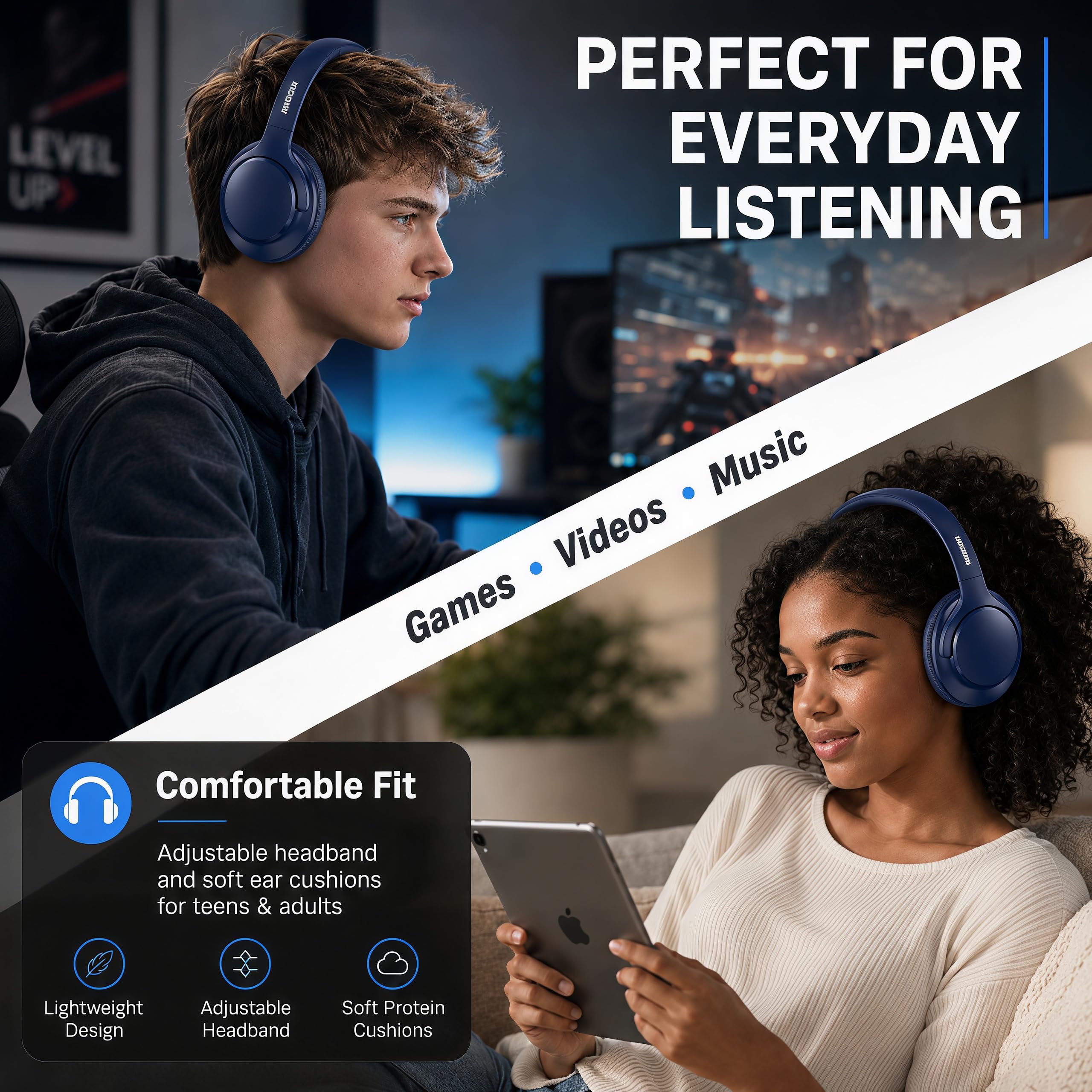 MIDOLA Bluetooth Headphones Over Ear, 68H Playtime Wireless Headphones with Microphone, 6 EQ Modes, HiFi Stereo Deep Bass, Foldable Lightweight Headset for Home Office, Cellphone, PC, Blue