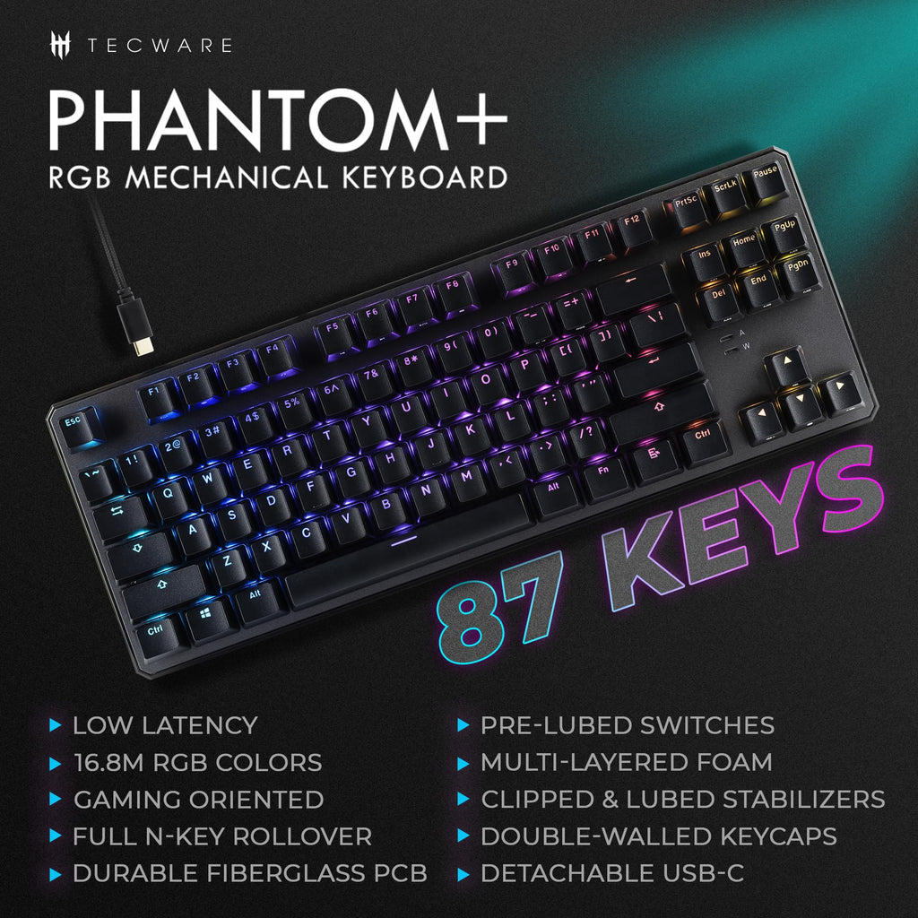 TECWARE Phantom+ 87 Mechanical Gaming Keyboard | RGB LED Backlit | Hot Swappable Wraith Red Switches | 87 Key TKL Layout | Thocky Sound Profile | Detachable USB-C Wired | Black